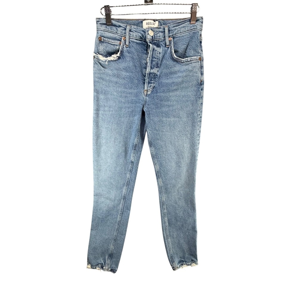 Agolde Riley Long Straight Jeans 25 Blue Organic Cotton Distressed Button Fly